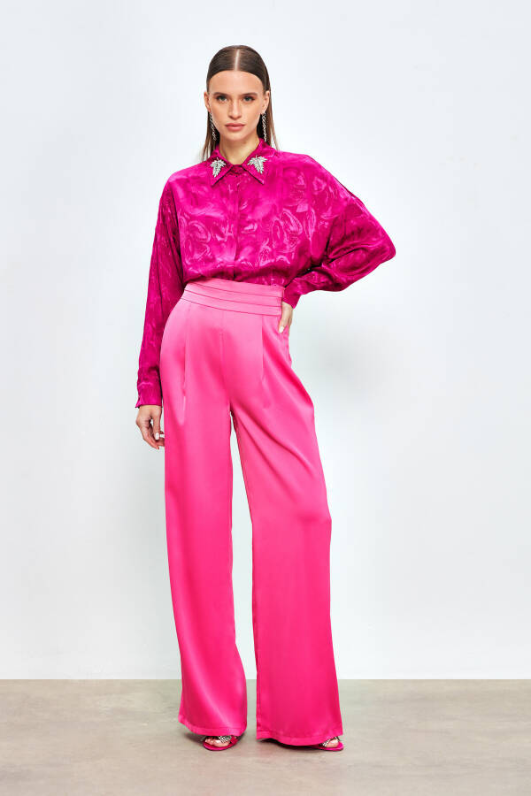 Loose Fit Satin Trousers with Pockets - FUCHSIA - 9