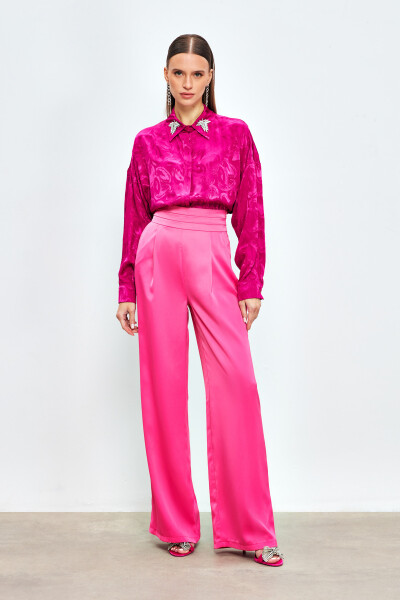 Loose Fit Satin Trousers with Pockets - FUCHSIA - 10