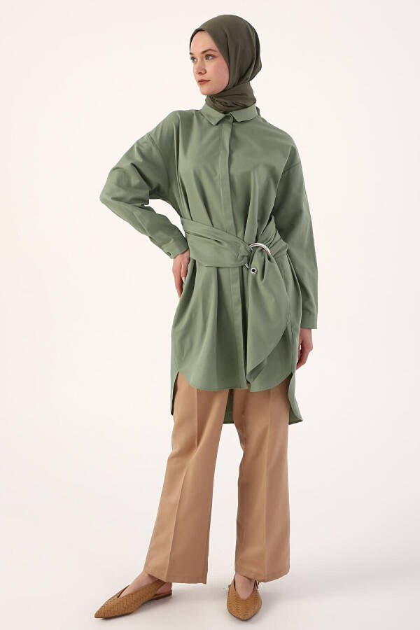 Loose Fit Shirt Tunic with Light Green Belt - 11