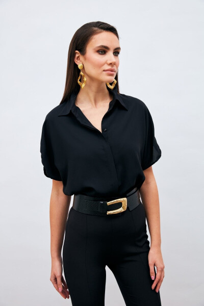 Loose Fit Shirt with Sleeve Details - Black - 8