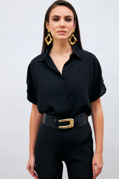 Loose Fit Shirt with Sleeve Details - Black - 1