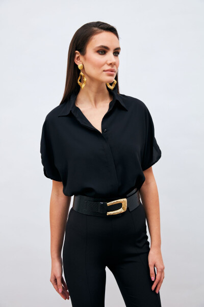 Loose Fit Shirt with Sleeve Details - Black - 3