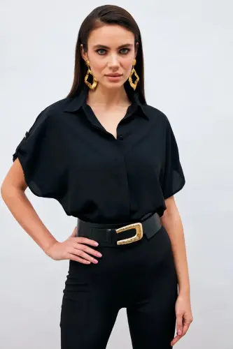 Loose Fit Shirt with Sleeve Details - Black - SATEEN (1)