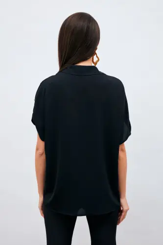 Loose Fit Shirt with Sleeve Details - Black - 5