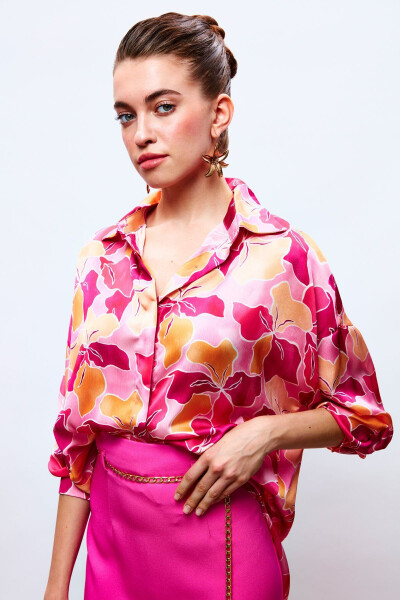 Loose Floral Shirt - FUCHSIA-ORANGE - 1