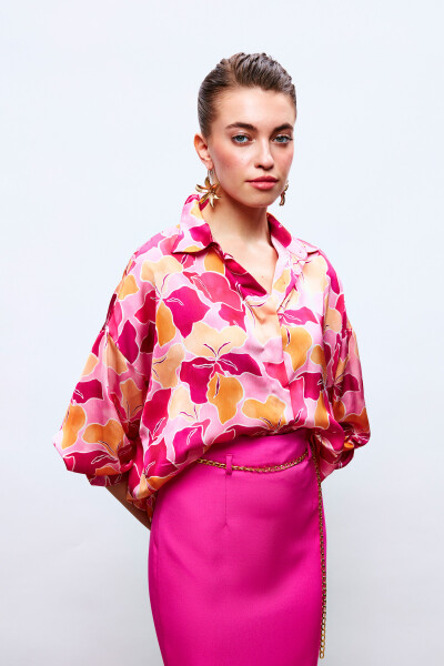 Loose Floral Shirt - FUCHSIA-ORANGE - 8