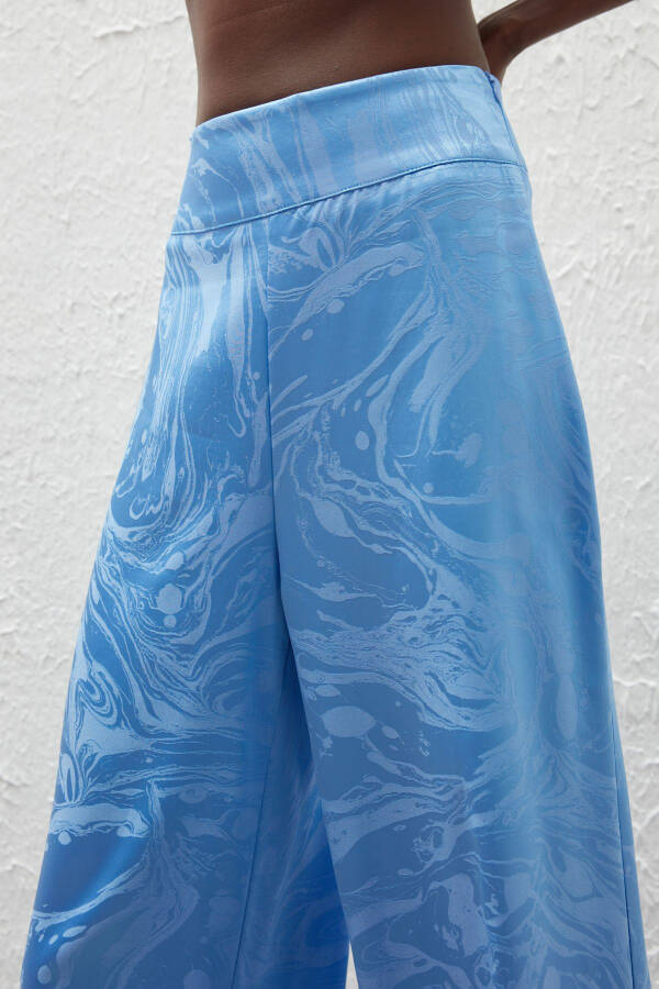 Loose Satin Patterned Trousers - Blue - 6