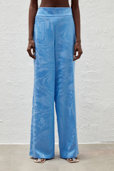 Loose Satin Patterned Trousers - Blue - 7