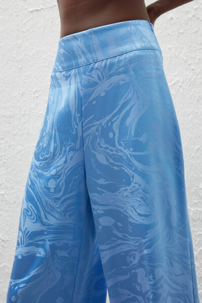 Loose Satin Patterned Trousers - Blue - 14