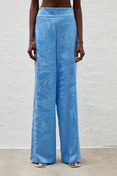 Loose Satin Patterned Trousers - Blue - 15