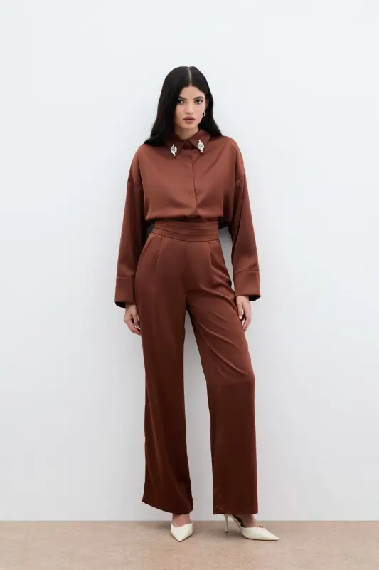 Cepli Salaş Saten Pantolon - Kahve - KAHVE - SATEEN