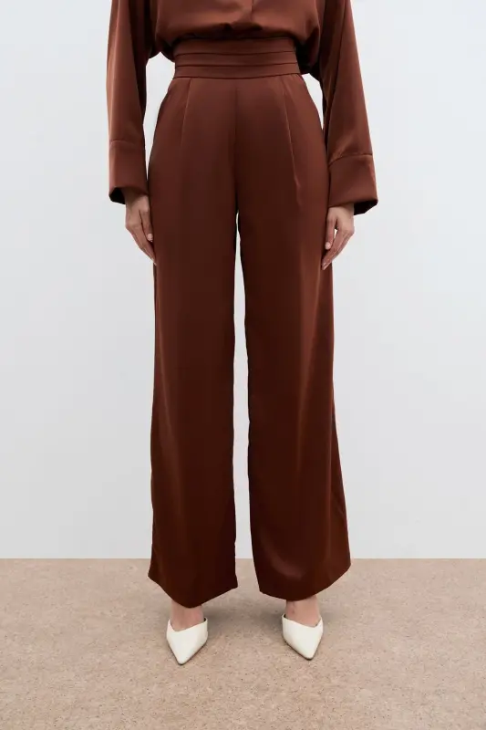 Cepli Salaş Saten Pantolon - Kahve - KAHVE - 6