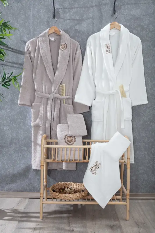 Lora 10 Parça Nakışlı Bornoz Seti | Bornoz | Bornoz Takımı | Havlu | Çeyiz Seti - Kahve-Krem - 1