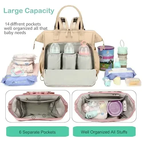 LORADI Convertible Diaper Bag Tote, Wide Open Top 14 Pockets Stylish Baby Diaper Bag with Stroller Buckle, Water-resistant (Beige, Large) - 3