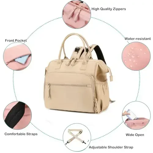LORADI Convertible Diaper Bag Tote, Wide Open Top 14 Pockets Stylish Baby Diaper Bag with Stroller Buckle, Water-resistant (Beige, Large) - 5