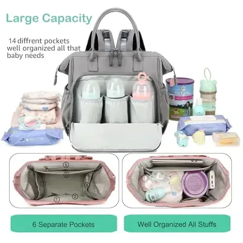 LORADI Convertible Diaper Bag Tote, Wide Open Top 14 Pockets Nappy Backpack with Stroller Buckle, Water-resistant (Grey, Large) - 2
