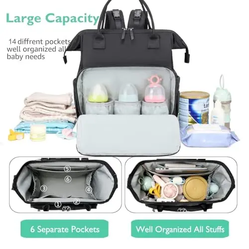 LORADI Convertible Bebek Bezi Çanta Tote, Geniş Açık Üst 14 Cepli Bebek Sırt Çantası, Bebek Arabası Tokalı, Su Geçirmez (Siyah, Ekstra Büyük) - 2