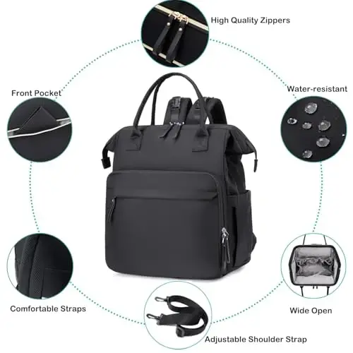 LORADI Convertible Bebek Bezi Çanta Tote, Geniş Açık Üst 14 Cepli Bebek Sırt Çantası, Bebek Arabası Tokalı, Su Geçirmez (Siyah, Ekstra Büyük) - 4