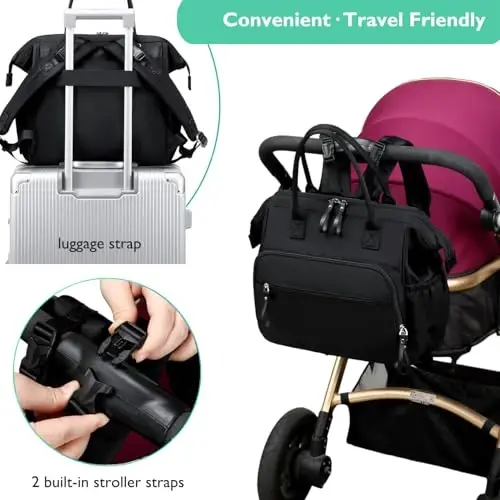 LORADI Convertible Bebek Bezi Çanta Tote, Geniş Açık Üst 14 Cepli Bebek Sırt Çantası, Bebek Arabası Tokalı, Su Geçirmez (Siyah, Ekstra Büyük) - 5
