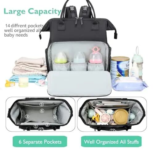 LORADI Convertible Diaper Bag Tote, Wide Open Top 14 Pockets Nappy Backpack with Stroller Buckle, Water-resistant (Black, Extra Large) - LORADI (1)