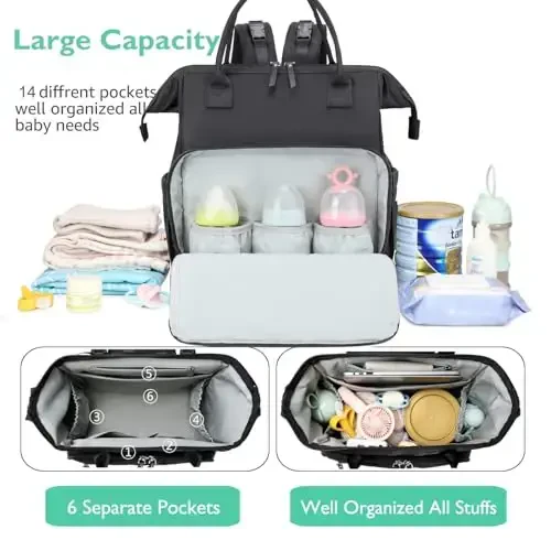 LORADI Convertible Diaper Bag Tote, Wide Open Top 14 Pockets Nappy Backpack with Stroller Buckle, Water-resistant (Black, Extra Large) - 2