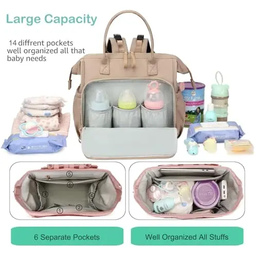 LORADI Convertible Diaper Bag Tote, Wide Open Top 14 Pockets Stylish Baby Diaper Bag with Stroller Buckle, Water-resistant (Mocha Mousse, Large) - 2
