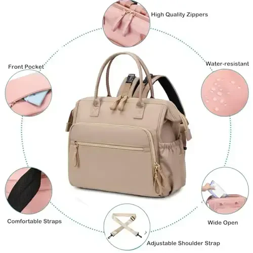 LORADI Convertible Diaper Bag Tote, Wide Open Top 14 Pockets Nappy Backpack with Stroller Buckle, Water-resistant (Light Mocha Mousse, Large) - 4