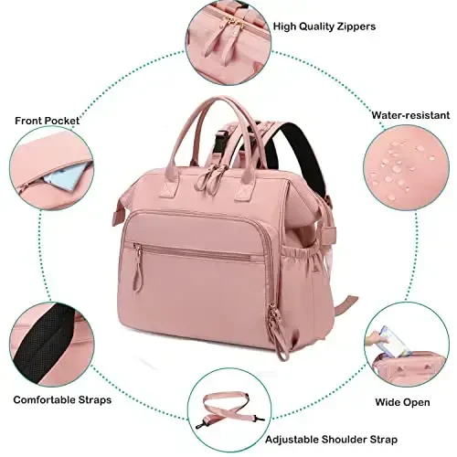 LORADI Convertible Diaper Bag Tote, Wide Open Top 14 Pockets Nappy Backpack with Stroller Buckle, Water-resistant (Pink, Large) - 4
