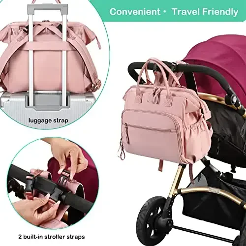 LORADI Convertible Diaper Bag Tote, Wide Open Top 14 Pockets Nappy Backpack with Stroller Buckle, Water-resistant (Pink, Large) - 5