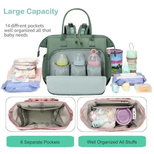 LORADI Convertible Bebek Bezi Çantası Tote, Geniş Açık Üst 14 Cepli Bebek Sırt Çantası, Bebek Arabası Tokalı, Su Geçirmez (Yeşil, Büyük) 