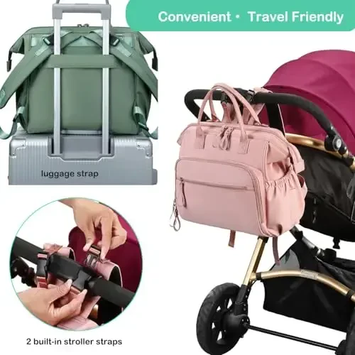 LORADI Convertible Diaper Bag Tote, Wide Open Top 14 Pockets Nappy Backpack with Stroller Buckle, Water-resistant (Green, Large) - 5