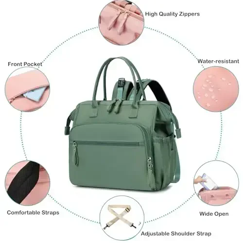 LORADI Convertible Diaper Bag Tote, Wide Open Top 14 Pockets Nappy Backpack with Stroller Buckle, Water-resistant (Green, Large) - 4