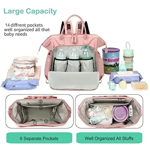 LORADI Convertible Diaper Bag Tote, Keng ochiladigan tepalik 14 cho'ntakli bolalar uchun sumka, aravacha tokasi bilan, suvga chidamli (pushti, katta) - MODAZONE (1)