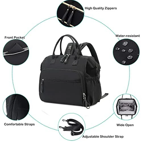 LORADI Convertible Diaper Bag Tote, Water-Resistant 14 Pockets Diaper Backpack with Anti-theft Pockets and Stroller Clips (Black, Large) - LORADI (1)