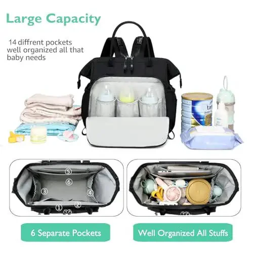 LORADI Convertible Diaper Bag Tote, Water-Resistant 14 Pockets Diaper Backpack with Anti-theft Pockets and Stroller Clips (Black, Large) - 4