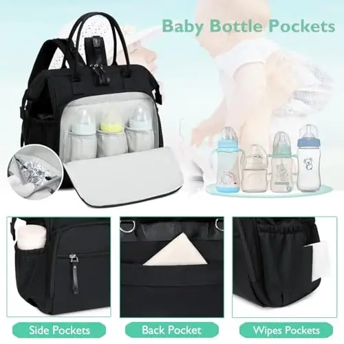 LORADI Convertible Diaper Bag Tote, Wide Open Top 14 Pockets Nappy Backpack with Stroller Buckle, Water-resistant (Black, Extra Large) - 3