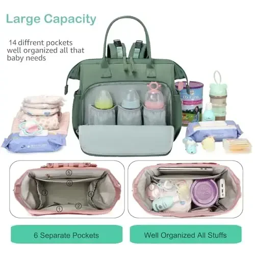 LORADI Convertible Diaper Bag Tote, Wide Open Top 14 Pockets Nappy Backpack with Stroller Buckle, Water-resistant (Green, Large) - 2