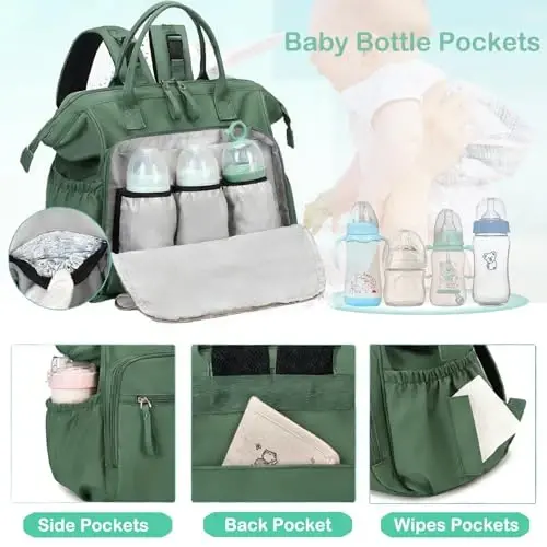 LORADI Convertible Diaper Bag Tote, Wide Open Top 14 Pockets Nappy Backpack with Stroller Buckle, Water-resistant (Green, Large) - LORADI (1)