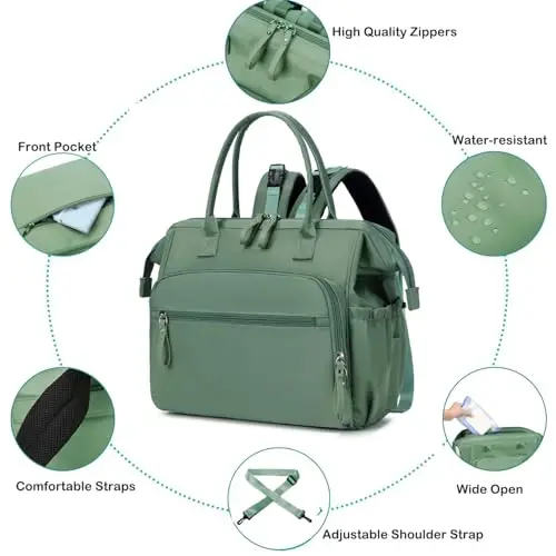 LORADI Convertible Diaper Bag Tote, Wide Open Top 14 Pockets Nappy Backpack with Stroller Buckle, Water-resistant (Green, Large) - 3