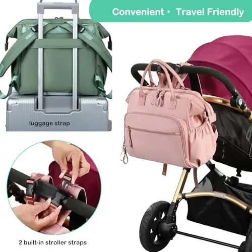 LORADI Convertible Diaper Bag Tote, Wide Open Top 14 Pockets Nappy Backpack with Stroller Buckle, Water-resistant (Green, Large) - 5