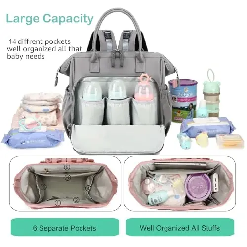 LORADI Convertible Diaper Bag Tote, Wide Open Top 14 Pockets Nappy Backpack with Stroller Buckle, Water-resistant (Grey, Large) - 2