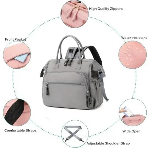 LORADI Convertible Diaper Bag Tote, Wide Open Top 14 Pockets Nappy Backpack with Stroller Buckle, Water-resistant (Grey, Large) - 4