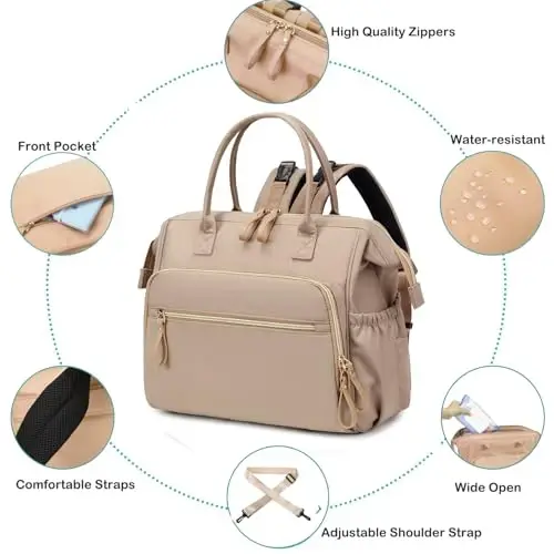 LORADI Convertible Diaper Bag Tote, Wide Open Top 14 Pockets Nappy Backpack with Stroller Buckle, Water-resistant (Light Mocha Mousse, Large) - 3
