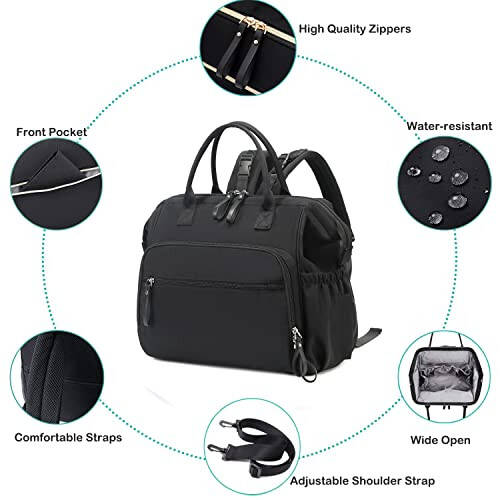 LORADI Convertible Diaper Bag Tote, Wide Open Top 14 Pockets Stylish Baby Diaper Bag with Stroller Buckle, Water-resistant (Black, Large) - 2