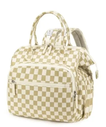 LORADI Large Diaper Bag Tote Backpack (Checkered, Large-20L) | 14 Pockets, Corduroy, Stroller Clips, 3 Insulated Pockets, Water-resistant - 1