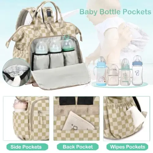 LORADI Large Diaper Bag Tote Backpack (Checkered, Large-20L) | 14 Pockets, Corduroy, Stroller Clips, 3 Insulated Pockets, Water-resistant - 2