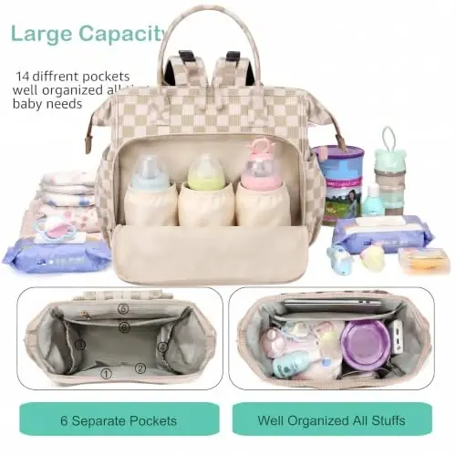 LORADI Large Diaper Bag Tote Backpack (Checkered, Large-20L) | 14 Pockets, Corduroy, Stroller Clips, 3 Insulated Pockets, Water-resistant - 3
