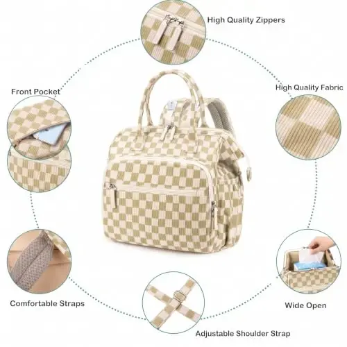 LORADI Large Diaper Bag Tote Backpack (Checkered, Large-20L) | 14 Pockets, Corduroy, Stroller Clips, 3 Insulated Pockets, Water-resistant - 4