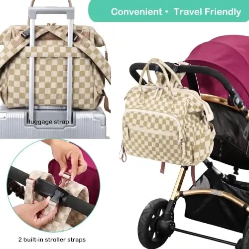 LORADI Large Diaper Bag Tote Backpack (Checkered, Large-20L) | 14 Pockets, Corduroy, Stroller Clips, 3 Insulated Pockets, Water-resistant - 5