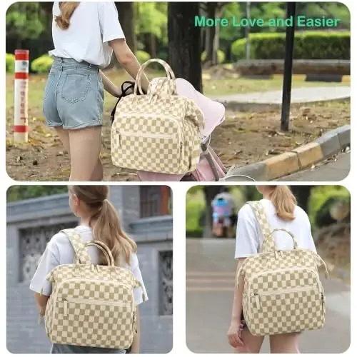 LORADI Large Diaper Bag Tote Backpack (Checkered, Large-20L) | 14 Pockets, Corduroy, Stroller Clips, 3 Insulated Pockets, Water-resistant - 6
